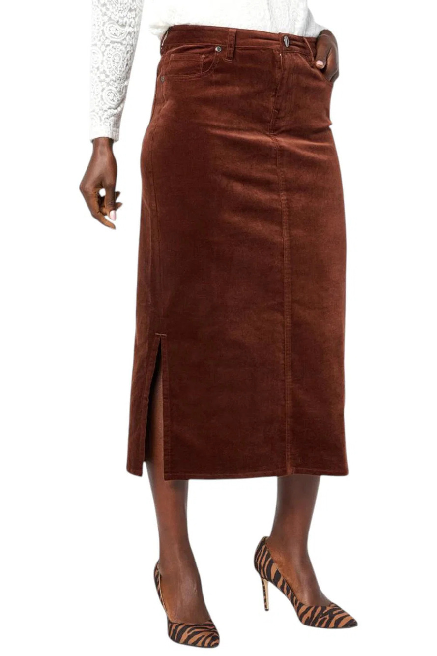 Diane Gilman Women's Stretch Velveteen Slide Slit Midi Skirt Cocoa - Petite